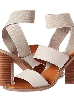 Franco Sarto Cream Block Heel Sandals with Elastic Ankle Straps